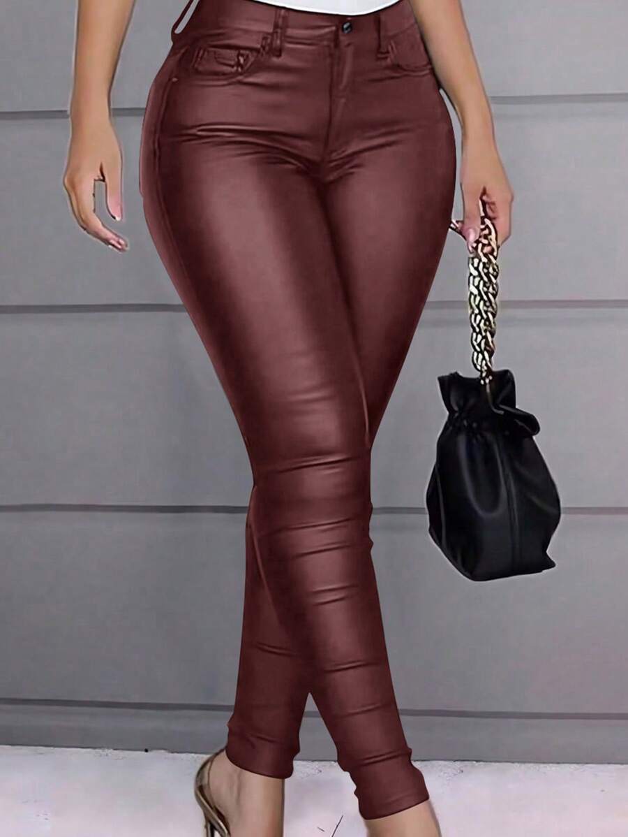 Apperloth A Plus Size Pants For Women's High Waisted Stretch Thermal Faux Leather PU Coated Legging Juniors Skinny Warm Sexy Tights Trousers - 酒紅色 - 查看 1