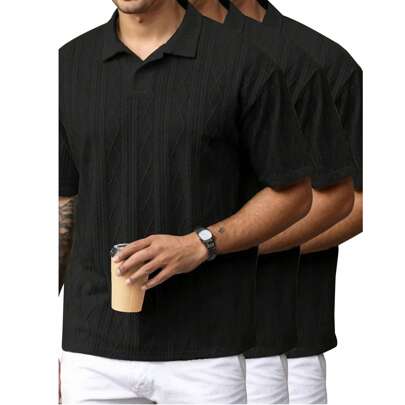 3-Pcs Men's Polo Shirts Short Sleeve Ribbed Knit Polo T Shirts Casual Golf Shirts