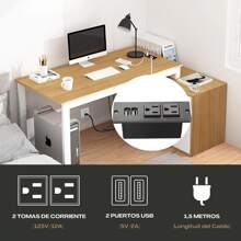 Mesa de estudio reversible con 2 estantes y toma de corriente - Blanco - Ver 4