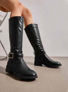 Women's Knee-High Boots, Comfortable Chunky Block Heel Pointed Toe Pull On Side Zipper Suede Slouch Riding Boots - Black - View 2