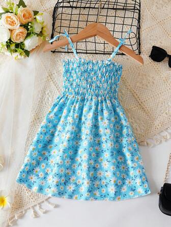年轻女孩连衣裙小雏菊海滩度假花卉公主吊带连衣裙
