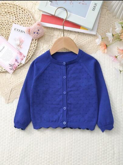 Baby Girl Lättvikts ihåligt blommönster med knapp ner långärmad stickad cardigan