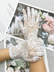 2 件装花卉印花波西米亚风涤纶纤维简约新娘手套，适合婚礼、宴会、四季穿着