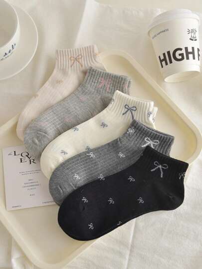 5双装女士透气可爱蝴蝶结短袜，适合日常穿着和户外活动