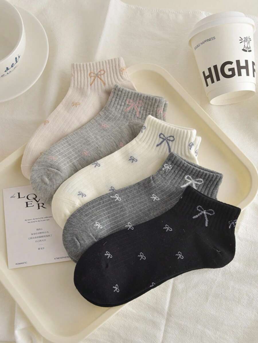 5 Pairs Women's Breathable Cute Bow Short Socks, Suitable For Daily Wear And Outdoor Activities - Multicolor - View 1