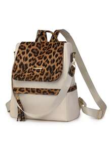 Large Capacity Women's Travel Leopard Patchwork Backpack, Laptop Backpack - Beige - View 6