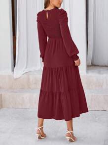 Women's Spring Wedding Guest Puffy Long Sleeve Maxi Dress Casual Round Neck Drawstring Layered A-Line Flutter Long Dress - 酒紅色 - 查看 2