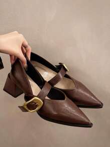 Vintage Pointed Toe Low Heel Women's Pump Shoes, Flat Chunky Heel Strap Buckle Decor Low Cut Retro Mary Jane Shoes, Black, Suitable For Spring/Autumn Dresses, Plus Size Available In Brown