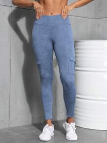 Women's Outdoor Cargo Leggings, Cargo Pockets Lift Butt Tight Pants, Sports Workout Compression Tights - Baby Blue - View 3