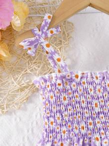 MommBaby Mommbabay 夏季婴儿/幼儿女孩蝴蝶结吊带裙，儿童可爱无袖雏菊花卉时尚太阳裙带帽 - 紫色 - 查看 3