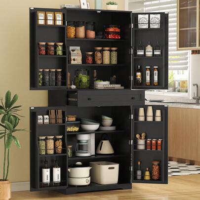  VOWNER Küchenschrank mit 12 Türregalen und 4 Schubladen, Sideboard, Anrichte, Küchenbuffet Hochschrank mit verstellbaren Böden, 183x76x40cm