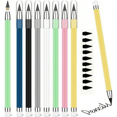 8 sets de 3 piezas de lápices eternos con 5 recambios de bolígrafos, sin necesidad de afilar, escritura interminable, tecnología avanzada, incluye goma, adecuado para escuelas y oficinas, colores macarón, estilos aleatorios, diseño creativo de vuelta a la escuela