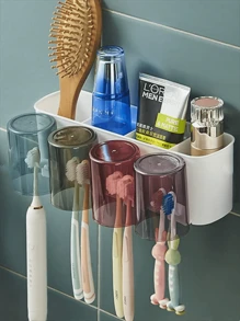 4 In 1 Toothbrush Holder Set With Self-Adhesive, Wall Mounted Toothbrush Organizer, Easy Installation Space-Saving Bathroom Accessory Home Bathroom Decor Fall Decor Back To School