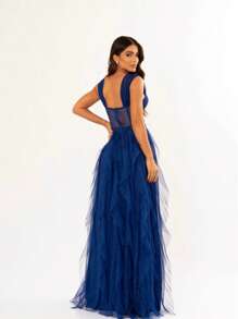 Dress For Weddings And Events With Corset And Flared Skirt. - Royal Blue - View 3