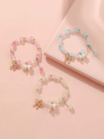 3pcs/Set Girls Sweet Orchid Beaded Bracelet Set, Best Friends/BFF Bracelet Gift For Girls