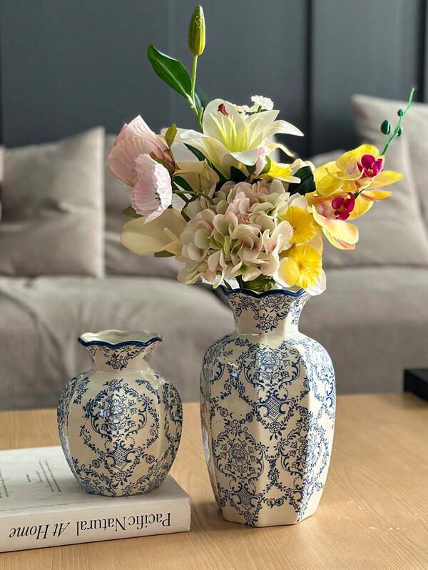 1pc Ceramic Vase, Vintage French Floral Ceramic Vase, Round Ribbed Mouth Design, Elegant Home Decor Tabletop Flower Pot, High-Aesthetic Vase, Living Room, Ramadan Decoration, Wedding Decoration
