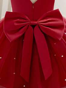 女婴短袖蝴蝶结薄纱酒红色优雅圣诞派对礼服，公主裙，适合一周岁生日派对、宴会、婚礼花童装 - 酒紅色 - 查看 5