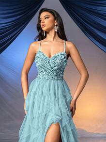 Elisanya Vestido formal de estilo hada para mujer, vestido de noche romántico para bodas, fiestas, eventos de caridad. Vestido de gala de color liso sin espalda con lentejuelas y de tul - Azul menta - Ver 7