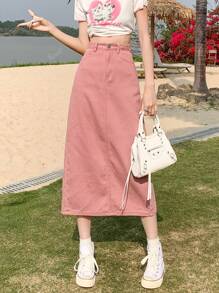 Women's Adjustable Waist Casual Vintage Washed Slit Midi Denim Skirt, Loose & Flattering