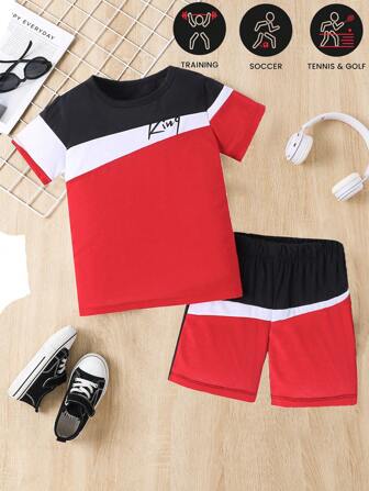 2pcs/Set Tween Boy "KING" Crew Neck Color Blocking T-Shirt & Shorts Casual Vacation Sports Outfit