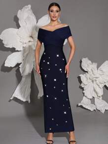 Off Shoulder Handmade Beaded Bodycon Bandage Dress, Sexy & Fitted, Suitable For Family Gatherings, Parties, Banquets, Formal Occasions - Royal Blue - View 7