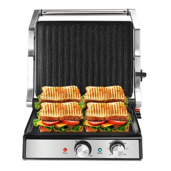 1 Stück 35,8x32,7x13,4cm 3-in-1 Panini Maker, Sandwichmaker, Elektrogrill, 2000W, 180° Klappmechanismus, 29x23cm große Platte, 30min Timer, beidseitiges Kochen, gleichmäßige Erhitzung, Keramikbeschichtung, Doppelknopfregelung, hitzeisolierter Griff, Silber, ideal für Frühstück & Grillen zu Hause