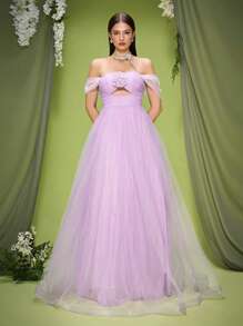 Mgiacy,New Arrival,Off Shoulder,Shining,Mesh Ruched,Elegant,3D Floral,Romantic,Bridesmaid Dress,Long Dress - Purple - View 5
