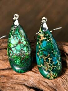 Brincos pendurados em formato de gota vintage, decoração de pedra natural, estilo boêmio retrô, enfeites de orelha para feriados, gradiente de cor, azul e verde