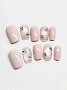 10Pcs Handmade Nude Pink Rhinestone Cat Eye Nail Art, Sweet & Delicate For Daily Wear, Spring/Summer Press On Nails Nail Supplies Nails - Pink - View 2