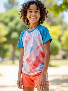 2pcs Boys Sports Outfit - Elastic Polyester Short Sleeve T-Shirt And Shorts Set, Suitable For Outdoor Sports And Casual Wear - Blue - View 8