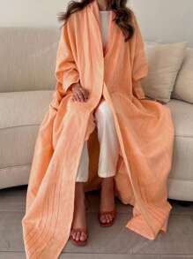 1 pieza Abaya larga de unicolor minimalista para mujer, cárdigan elegante y modesto casual con decoración de línea y empalme con toque artístico, de tela de lino de alta calidad con brillo sedoso y suave, apropiado para uso diario, kaftan.