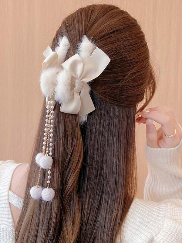 Elegant Tassel Pendant Bow Plush Hair Clip, Sweet Barrette,Hair Accessories,Hair Claw,Claw Clips,Hair Clutch,Hair Jaw Clip Fall Winter For Vacation Outfits Woman