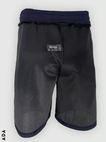 Men's Casual Sports Shorts, Letter And Line Print On The Leg, Natural Waist With Drawstring And Loose Leg Fit, Functional Pockets With Closure For Added Security, Polyester And Spandex Fabric, Suitable For Spring And Summer Seasons, Very Cool And Comfortable, Ideal For Sports Or Casual Use. - Màu xanh lam - Xem 3