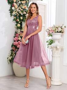 Đầm phù dâu dáng chữ A cổ chữ V đính sequin và vải lưới, đầm dự tiệc Giáng sinh, đầm dạ hội thanh lịch dành cho nữ, phù hợp cho khách dự đám cưới, lễ tốt nghiệp, dạ tiệc và các dịp khác. - Bụi hồng - Xem 6