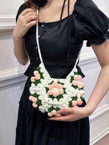 [Producto Terminado] Bolso bandolera pequeño con parches de flores esponjosas a doble cara, monedero dulce hecho a mano de ganchillo y tejido, para teléfono y monedas, accesorios