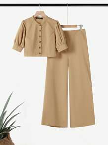 ZANZEA Women Buttons Puff Short Sleeve Tops Shirt Blouse Wide-Leg Solid Palazzo Trousers Long Pants Summer Office Work Casual 2pcs Sets Outfits - 卡其色 - 查看 3