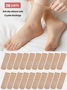 10双/包硅胶防滑薄款透明水晶短袜女袜（隐形防勾丝耐磨隐形5d钢丝防潮防滑水晶胶点）秋季 - 杏色 - 查看 8