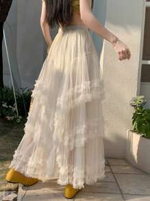 Multilayered Mesh Holiday Casual High-End Puff Skirt - Apricot - View 3