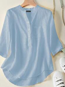 Blusa de manga corta con bolsillo de color liso, estilo europeo y americano para mujeres - Azul - Ver 1