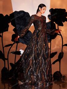 Vestido largo de noche con escote redondo, manga larga y decoración de lentejuelas negras, vestido formal y de fiesta para invitado de boda