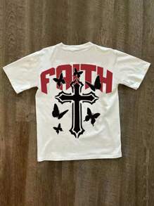 男士休闲蝴蝶十字图案字母印花圆领短袖 T 恤，街头风格 - 白色 - 查看 1