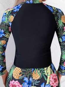 Tropical Print Stylish Tankini Swimwear Set With Long Sleeve - Black - View 4