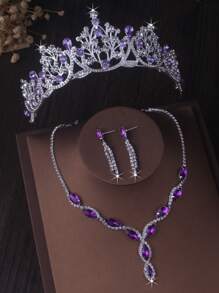 Bridal Accessories Wedding Purple Crown Chain Birthday Party Stage Performance Crown Wedding Dress Crown Headwear Necklace Earring Set - Bộ vương miện + vòng cổ + hoa tai - Xem 1