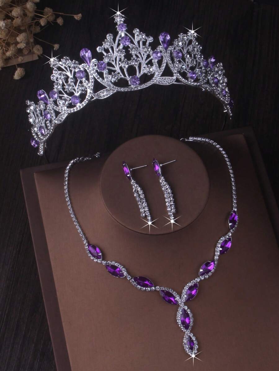 Bridal Accessories Wedding Purple Crown Chain Birthday Party Stage Performance Crown Wedding Dress Crown Headwear Necklace Earring Set - Bộ vương miện + vòng cổ + hoa tai - Xem 1