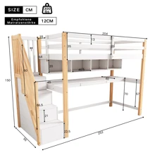 Loft Bed For Children 90x200cm, Storage Stairs, Desk, Solid Wood, White, Without Mattress - White - View 4
