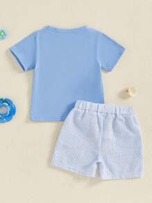 Toddler Boys Summer Outfits Fish Embroidery Short Sleeve T-Shirts Elastic Waist Shorts 2Pcs Clothes Set - Màu xanh lam - Xem 2