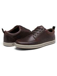 SHOESMALL Men's Leather Fashion Sneakers Classic Casual Darkbrown Shoes Retro Dress Sneakers For Men - AMY5122-深棕色 - 查看 4