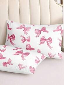 2/3 pièces Set de couette imprimé numérique polyester à motif nœud rose, style princesse mignon pour filles, pour utilisation toutes saisons dans la chambre. Fermeture éclair, lavage machine (1 couette + 1/2 taies d'oreiller)