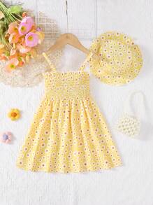 MommBaby Vestido de niña bebé con estampado de flores y sombrero a juego, tirantes con lazo, sin mangas, estilo casual de playa para el verano