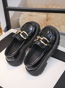 1 Pair Fashionable Black & White Square Toe Decor Button Girls Casual Shoes - Black - View 5